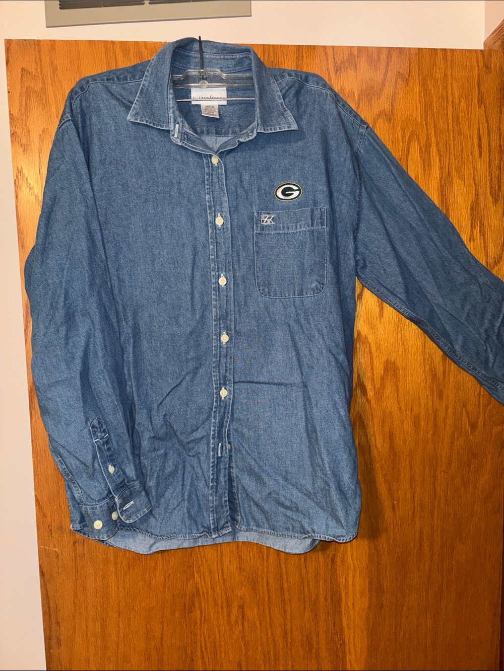 Cutter & Buck Blue Denim Button-Down Shirt with Green & Gold Logo